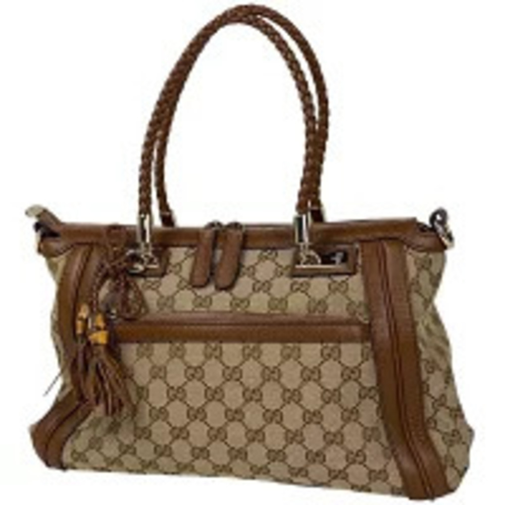 Gucci Bella Bamboo 2way Handbag Gg Fringe Canvas Beige Brown